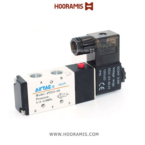 شیربرقی تک بوبین پنوماتیک 5/2 سایز 1/4 اینچ DC 24V برند AIRTAC  مدل 4V210-08